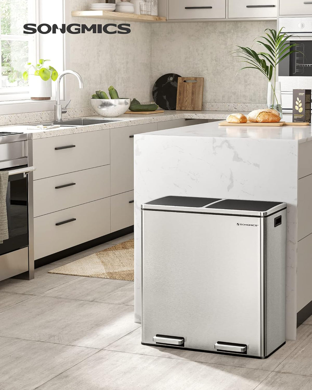 SONGMICS Mülleimer, 2 x 30 L, 2 Fächer, Mülltrennsystem, Treteimer, Abfalleimer Küche, 15 Müllsäcke,
