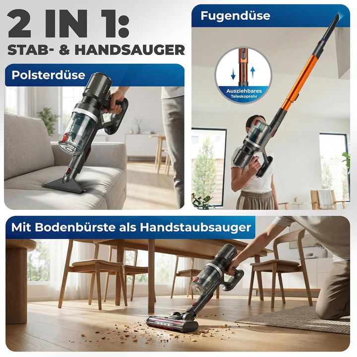 KLAMER Akku Staubsauger, 2-in-1 Staubsauger kabellos &amp; Handstaubsauger, Akkulaufzeit bis 60 min, Akk
