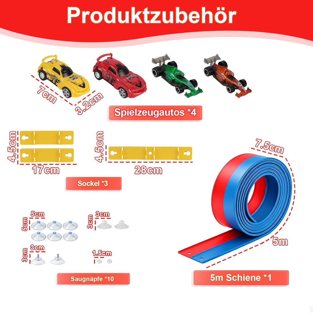 Flexible Autorennbahn Kinder - 5M Autorennbahn Spielzeug aus Silikon mit Saugnapf, 4 Spielzeugautos,
