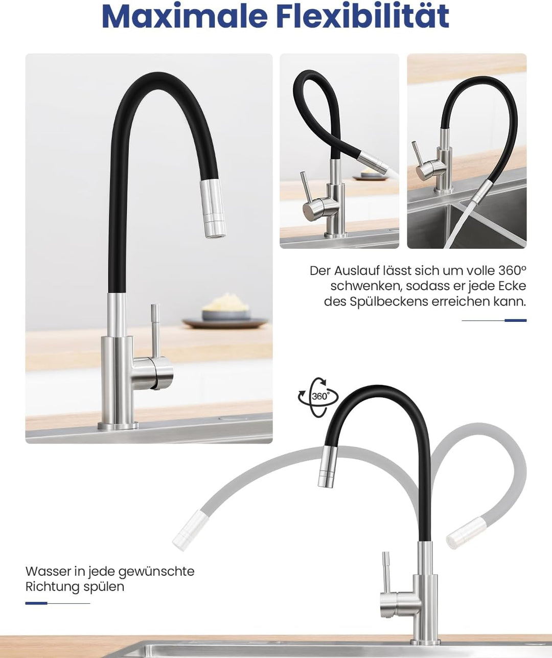 Sofetiy Flexible Küchenarmatur Schwarz, Wasserhahn Küche mit 2 Wasserstrahlen, Mischbatterie Küche S