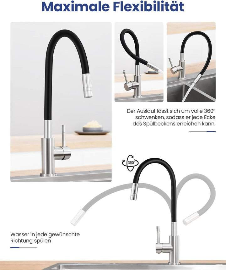 Sofetiy Flexible Küchenarmatur Schwarz, Wasserhahn Küche mit 2 Wasserstrahlen, Mischbatterie Küche S