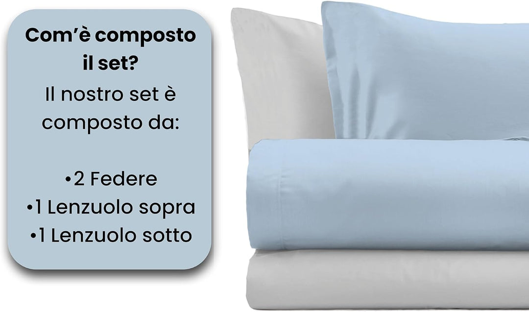Italian Bed Linen “ Natural Color” Bettwäsche Set, Baumwolle, Hellblau/Hellgrau, Doppelte Hellblau/H
