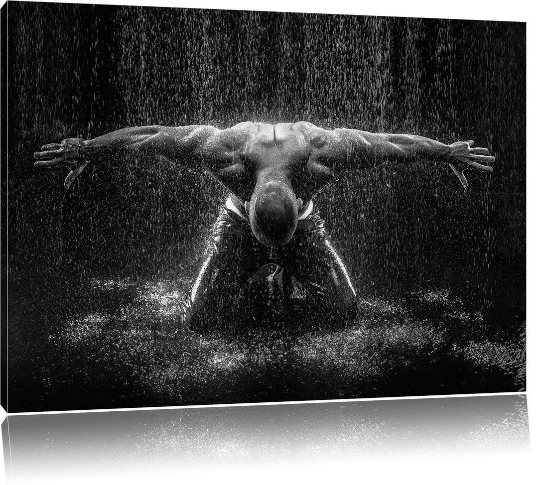 Pixxprint Bodybuilder im Regen als Leinwandbild/Grösse: 100x70 cm/Wandbild/Kunstdruck/fertig bespann