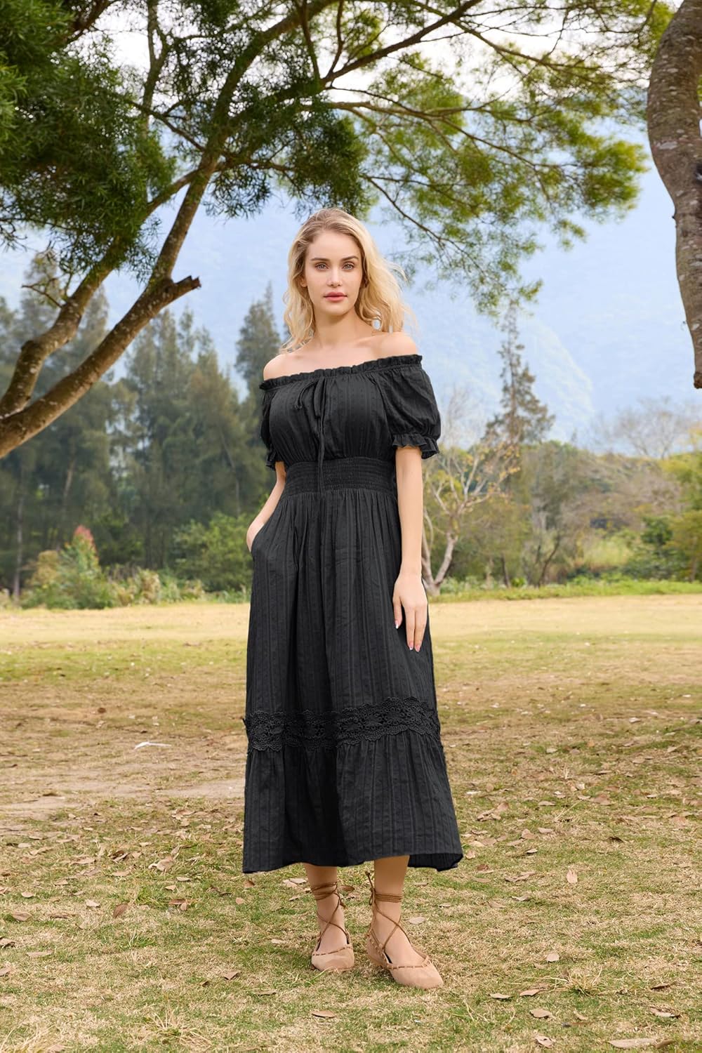 SCARLET DARKNESS Damen Renaissance Kleider Schulterfrei Puffärmel Gesmokte Taille Baumwollkleid L Sc