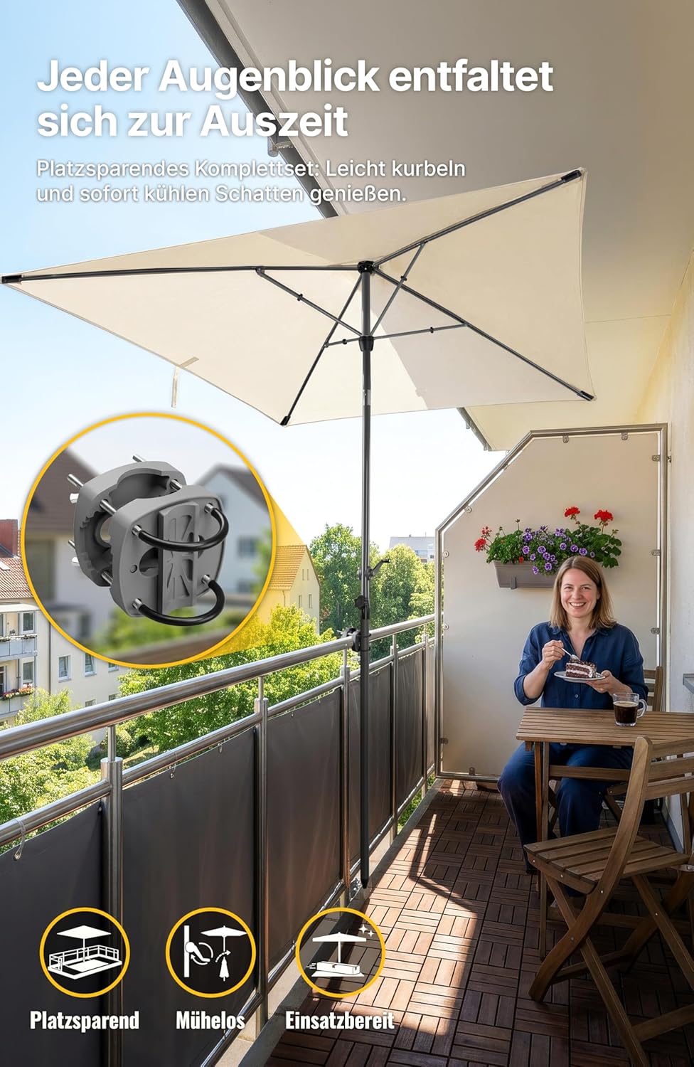 4smile SunnyShade Sonnenschirm Balkon mit Halterung im 3-er-Set, UV 50+, 200x125 cm, Beige, Balkonsc
