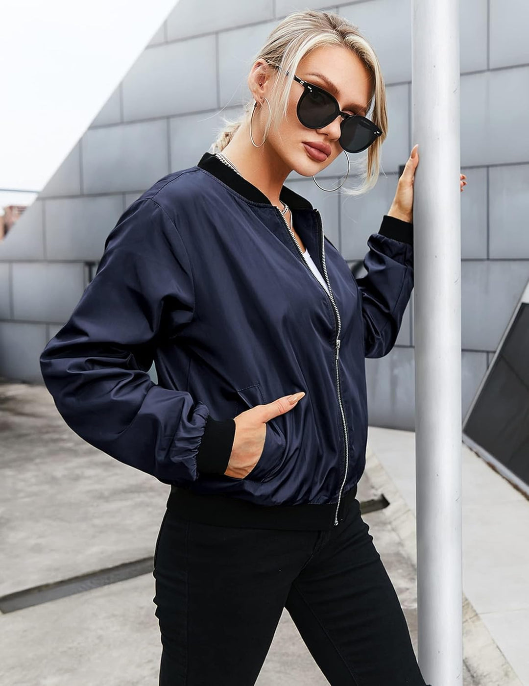 Zeagoo Bomberjacke Damen Kurze Blouson Jacke Casual Pilotenjacke Langarm Outwear Zip Up Solid Leicht