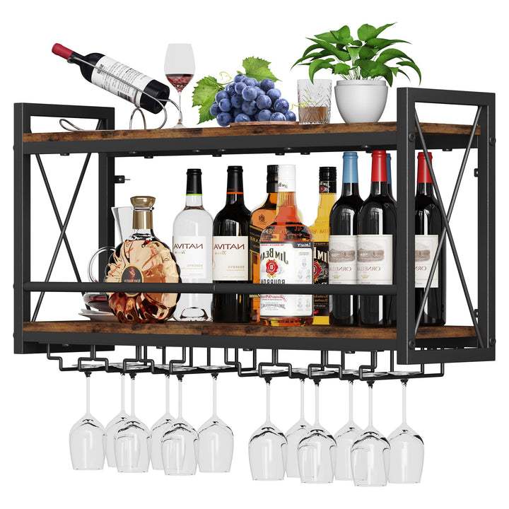 Homeiju Wandmontiertes Weinregal, Flaschen- und Glashalter, Holz, Metall, Retro, schwimmendes Weinre