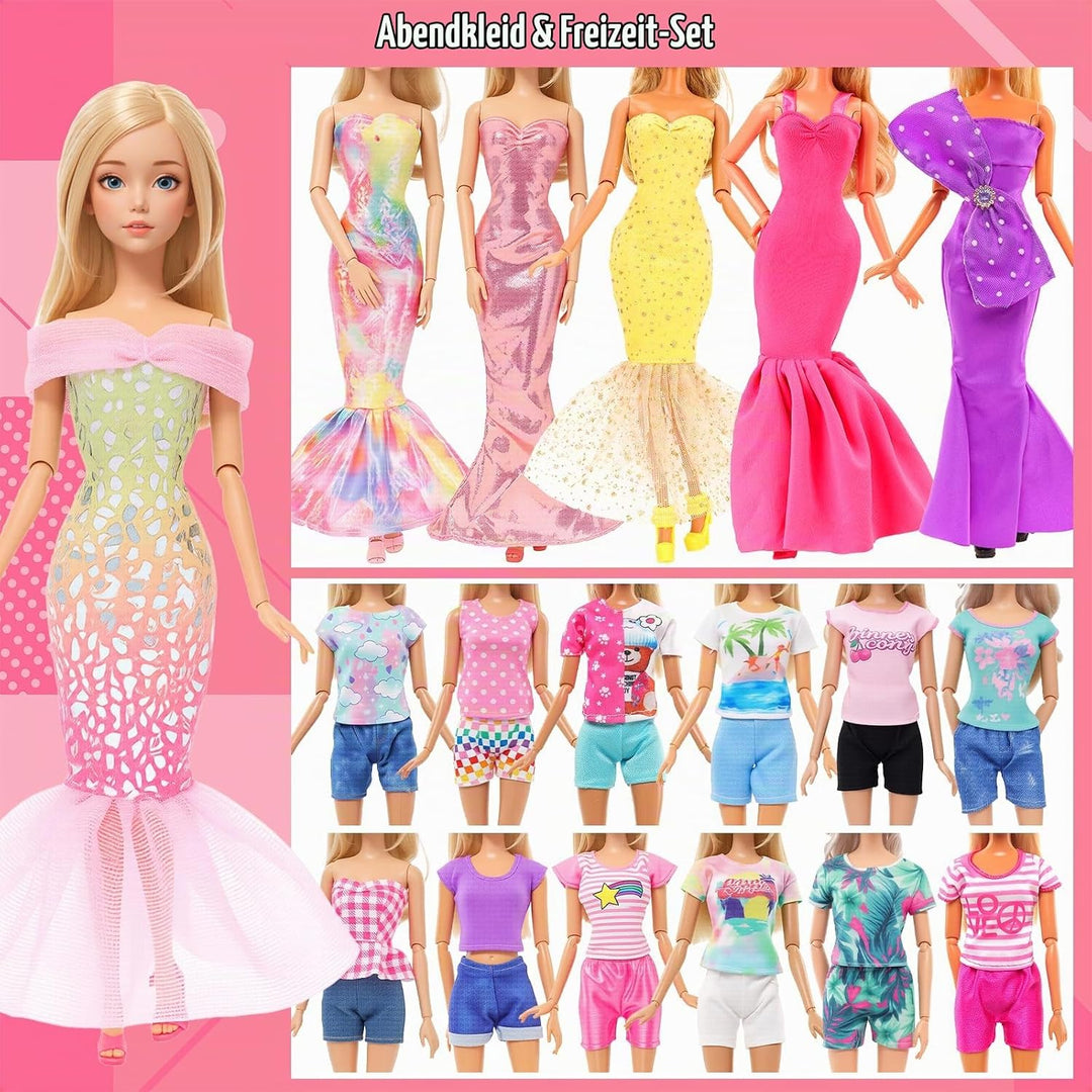 82 Stück Puppenzubehör 5 Abendkleider 3 Outfits 8 Kleider 2 Badeanzüge 15 Schuhe und 49 Puppenzubehö