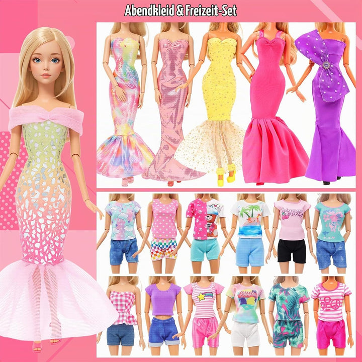82 Stück Puppenzubehör 5 Abendkleider 3 Outfits 8 Kleider 2 Badeanzüge 15 Schuhe und 49 Puppenzubehö
