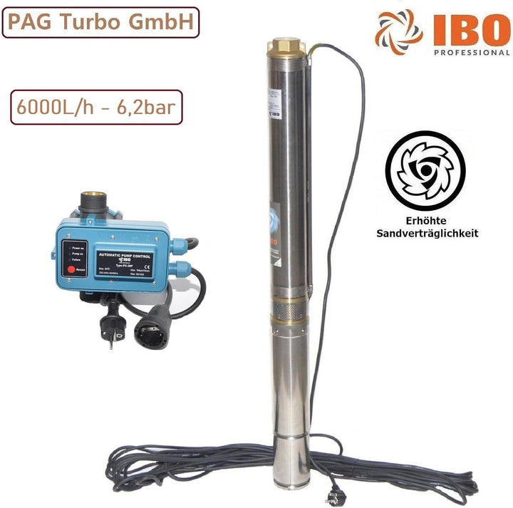 PAG Turbo GmbH 3" Tiefbrunnenpumpe sandverträglich 6000L/h - 750W - 6,2bar + Steuerung PC20P