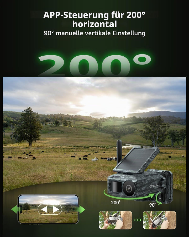 Xega 4G LTE Solar Überwachungskamera mit SIM-Karte &amp; 2 Solarmodulen – Aussen Wildkamera Bewegungserk