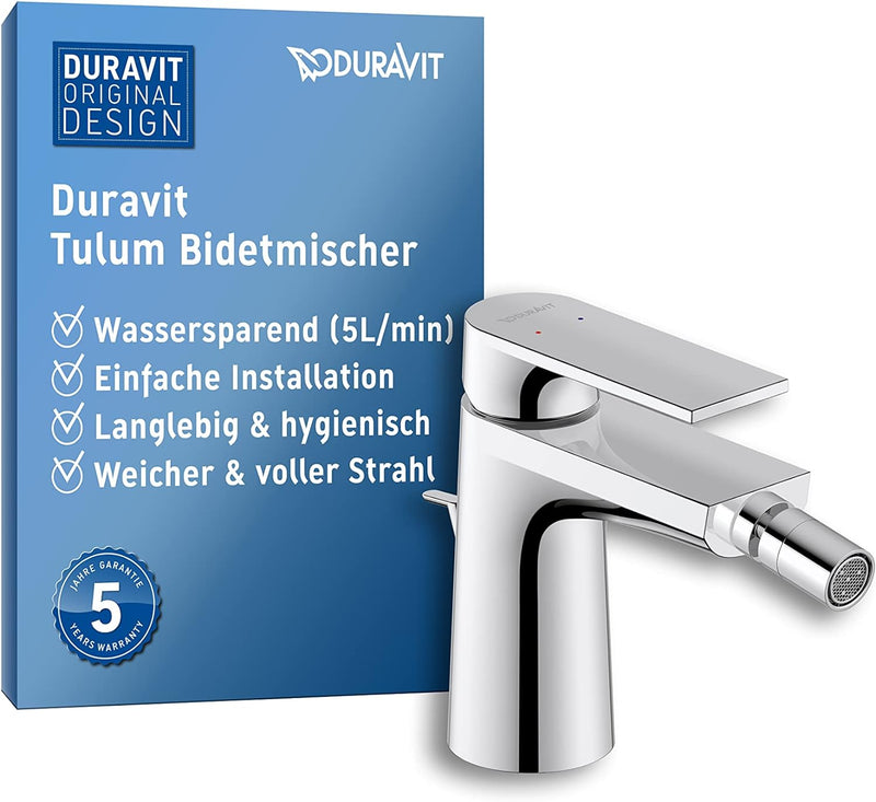 Duravit Tulum Einhebel-Bidetarmatur (Auslauf Höhe 83 mm), Bidetmischer mit Zugstangen-Ablaufgarnitur