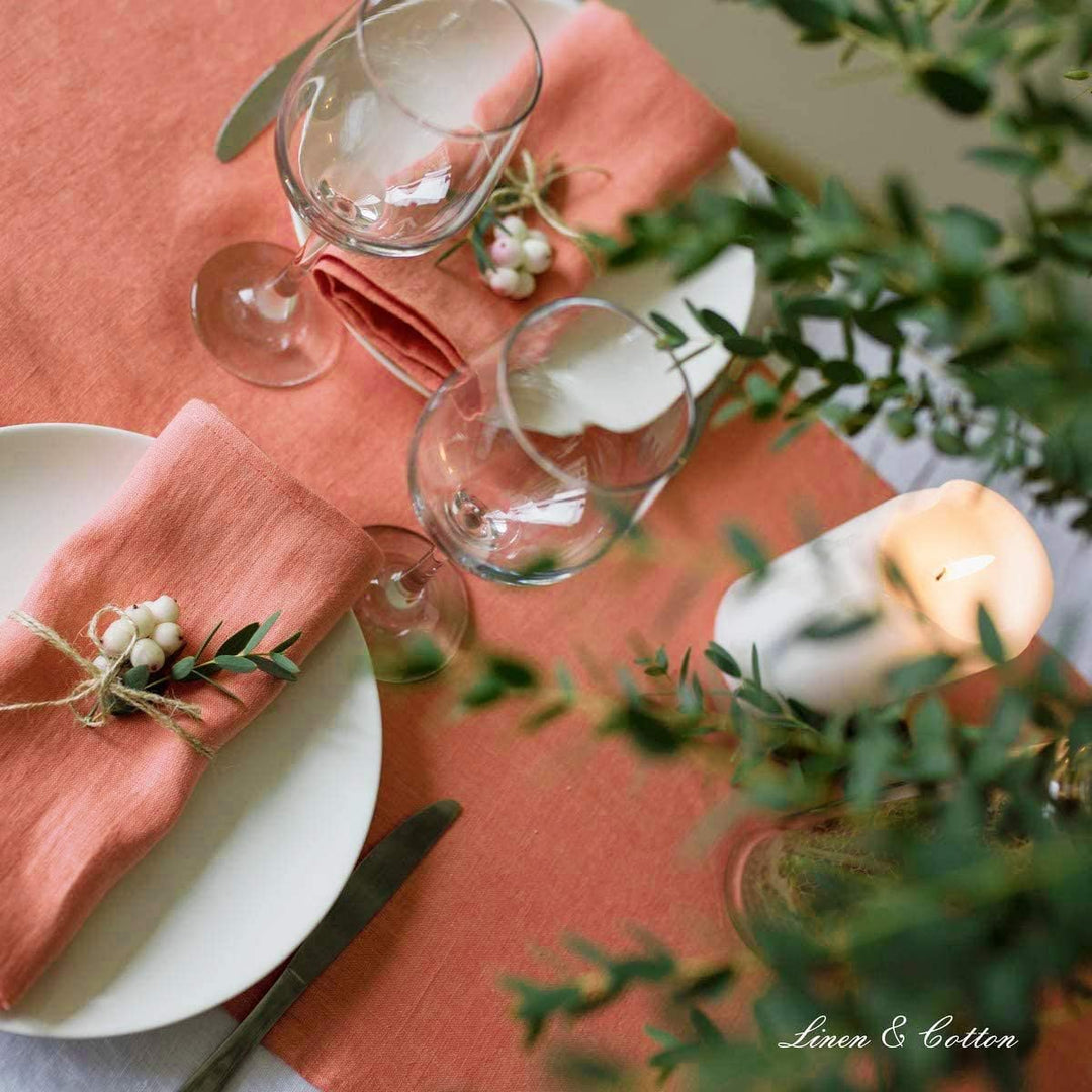 Linen &amp; Cotton Tischläufer Stoff Tischband Tischdeko Hygge 100% Leinen, Coral Rosa (40 x 130 cm) Kle