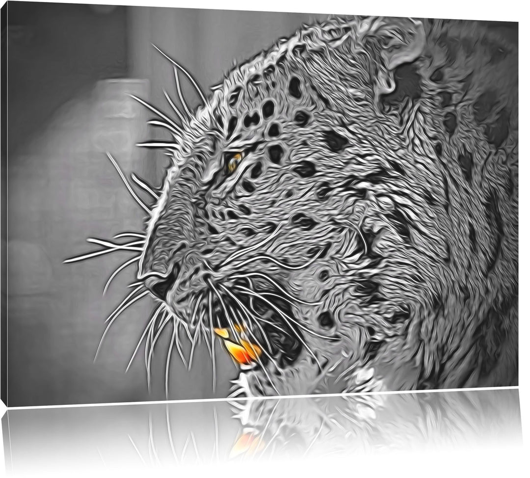 brüllender Leopard schwarz/weiss Deluxe Format: 100x70 cm auf Leinwand, XXL riesige Bilder fertig ge