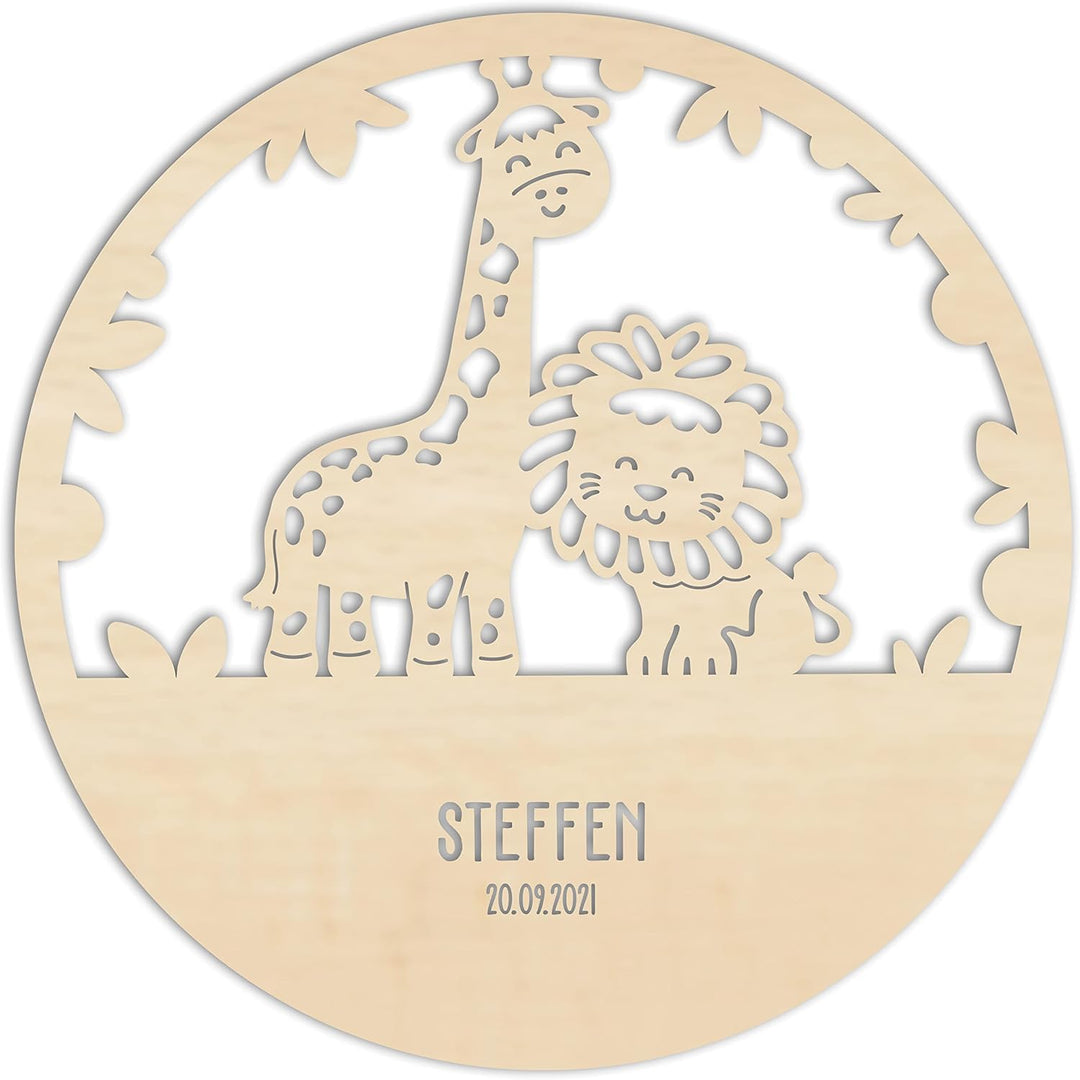 LAUBLUST Nachtlicht Kinderzimmer Personalisiert - Löwe & Giraffe - 30x0,4 cm - Natur - Wandlampe Hol