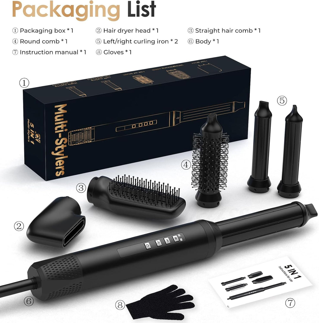 Airstyler Set 5in1, Professioneller Warmluftbürste Set 1300W,Multifunktionaler Hairstyler,Lockenstab