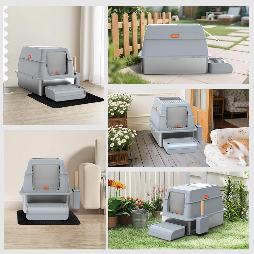 Katzenklo Edelstahl XL, Gross Edelstahl Katzentoilette mit Deckel, Stainless Steel Cat Litter Box, G
