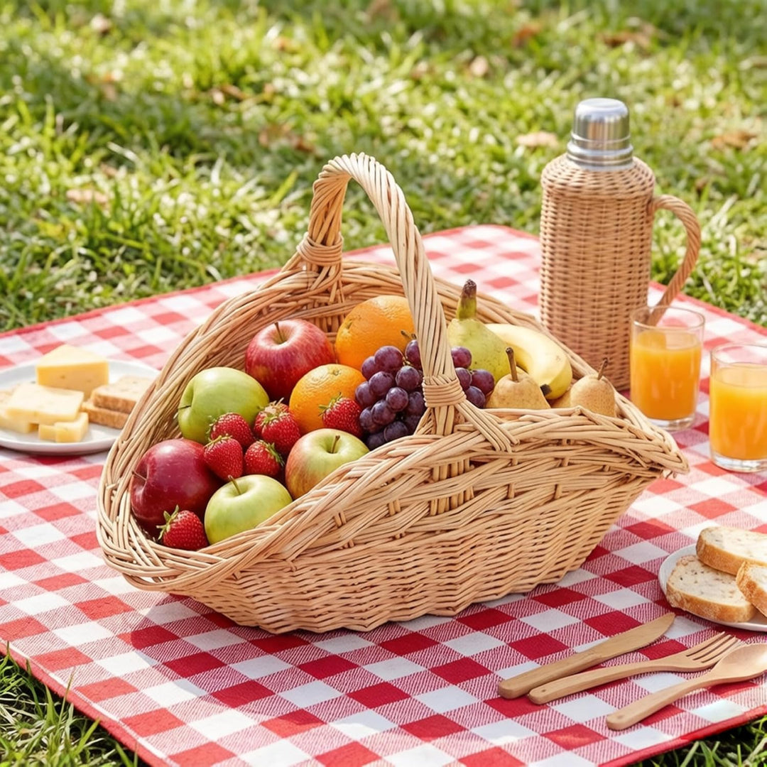 Picknickkorb aus Weide, Weidenkorb mit Griff, grosses muschelförmiges Rattan für Ernte, Picknick und