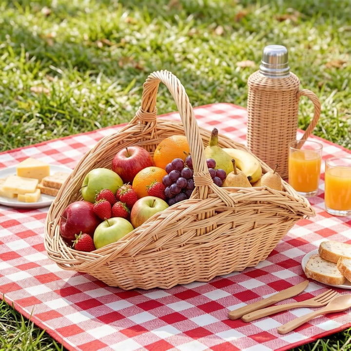 Picknickkorb aus Weide, Weidenkorb mit Griff, grosses muschelförmiges Rattan für Ernte, Picknick und