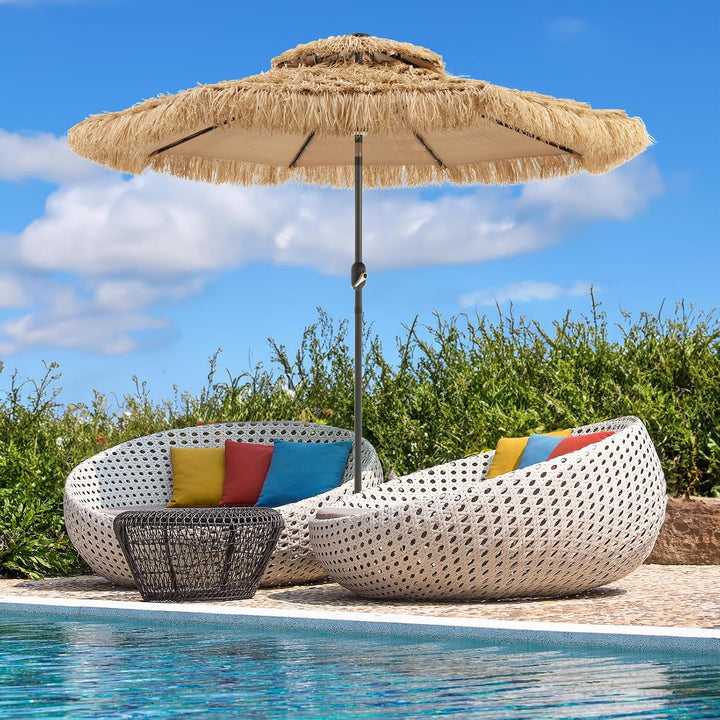 GOPLUS Sonnenschirm Hawaii, Ø 270 cm Strohschirm um 30° knickbar, Strandschirm mit LED-Solar-Beleuch