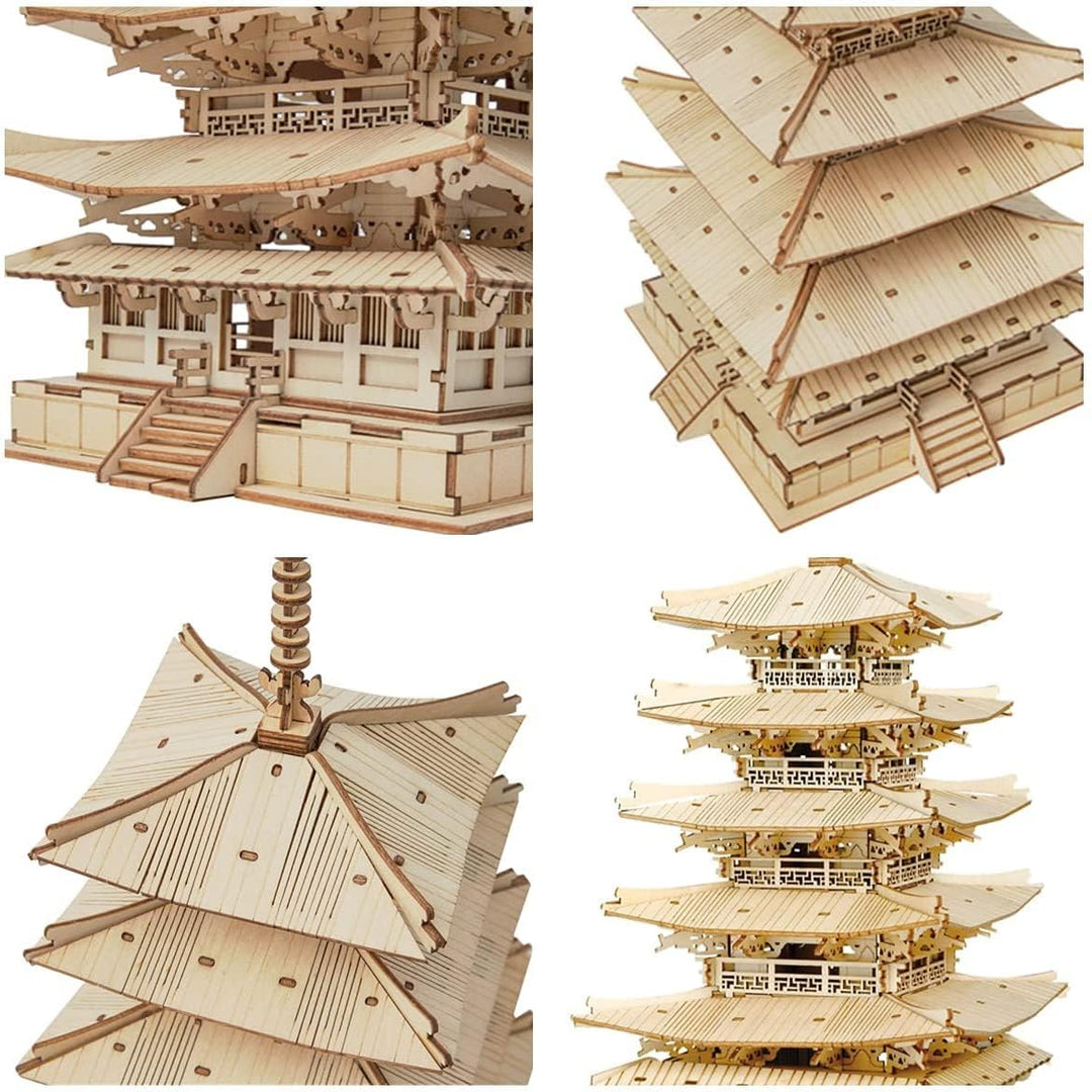 ROBOTIME 3D Puzzles Holz Mechanischer Modellbausätze DIY Fünfstöckige Pagode Bastelsets Kreative Puz