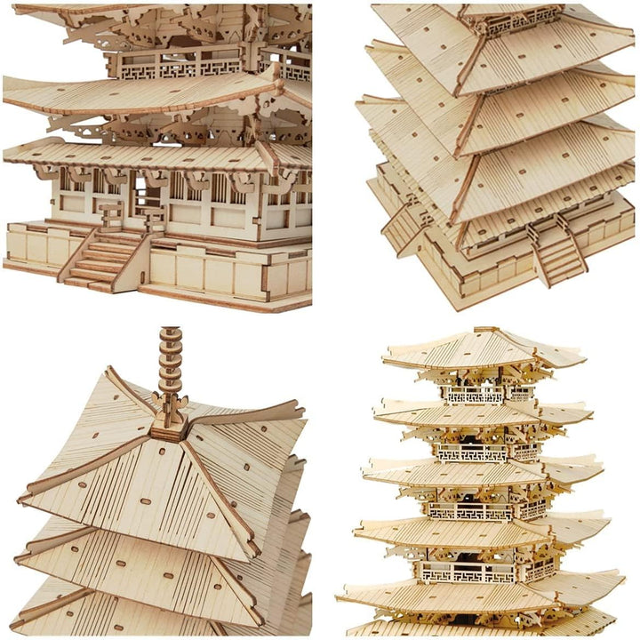 ROBOTIME 3D Puzzles Holz Mechanischer Modellbausätze DIY Fünfstöckige Pagode Bastelsets Kreative Puz