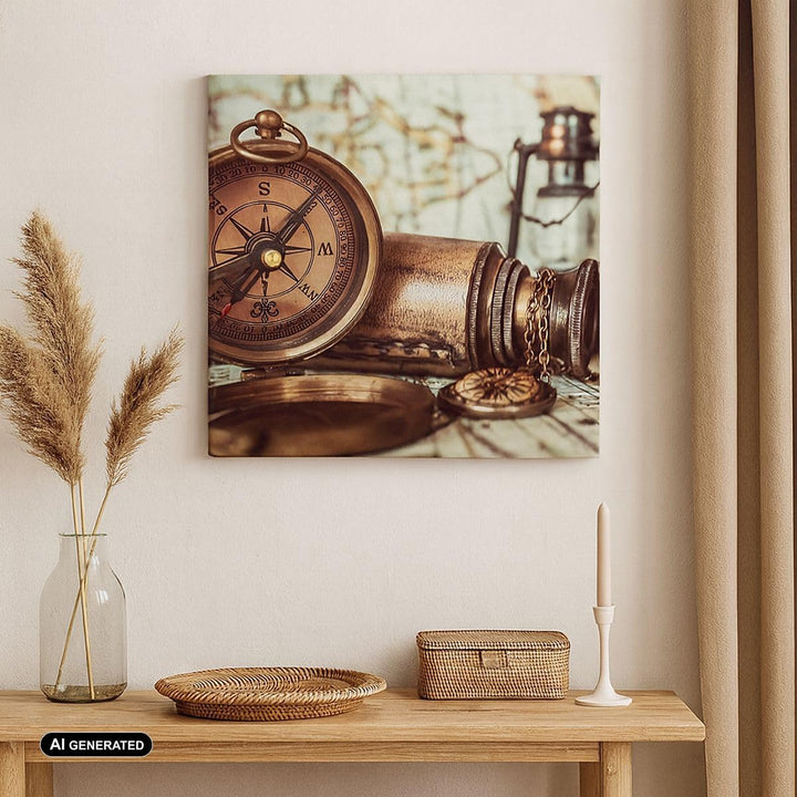 Bilder auf Leinwand 70x70cm Leinwandbild Kompass Teleskop Abenteuer antik Gross Wanddeko Bild Schlaf