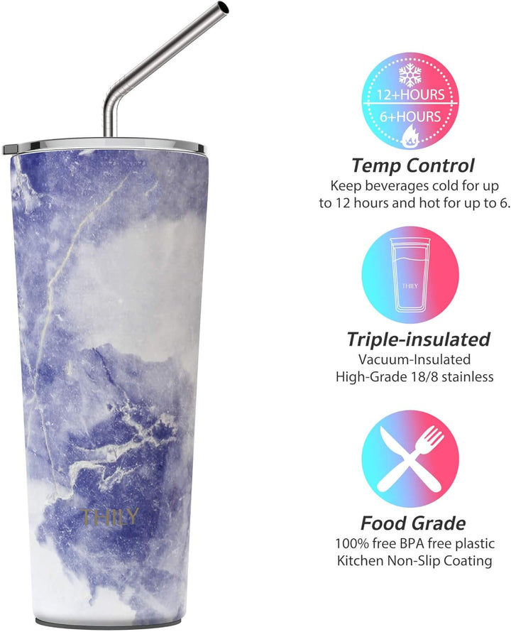 Thily Thermobecher aus Edelstahl, vakuumisoliert, 780ml, Kaffeetasse mit 2 Deckeln und Strohhalmen,