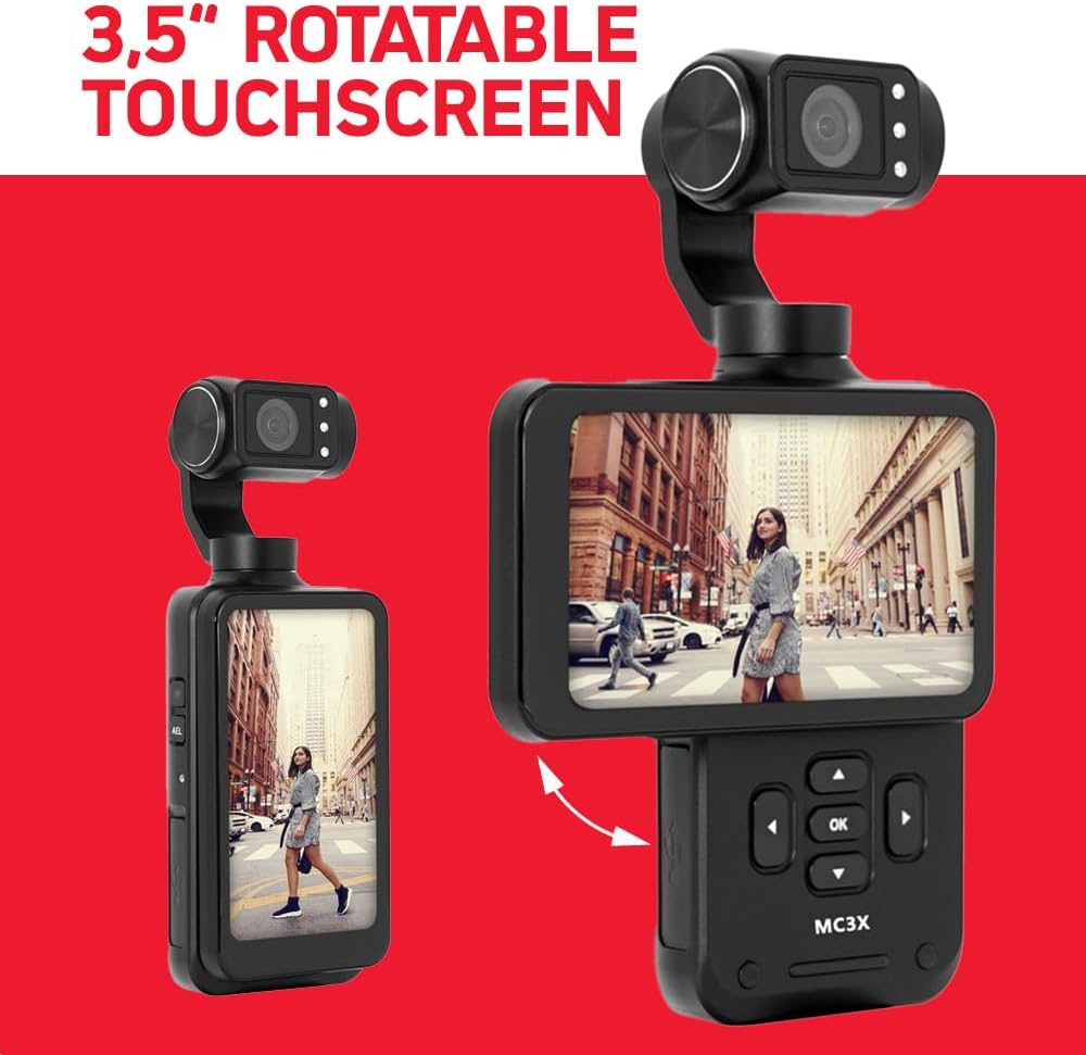 AGFA Photo Gimbal Realimove MC3X - Caméra Stabilisateur 3 Axes 4K Ultra HD, Écran Tactile Rotatif 3,