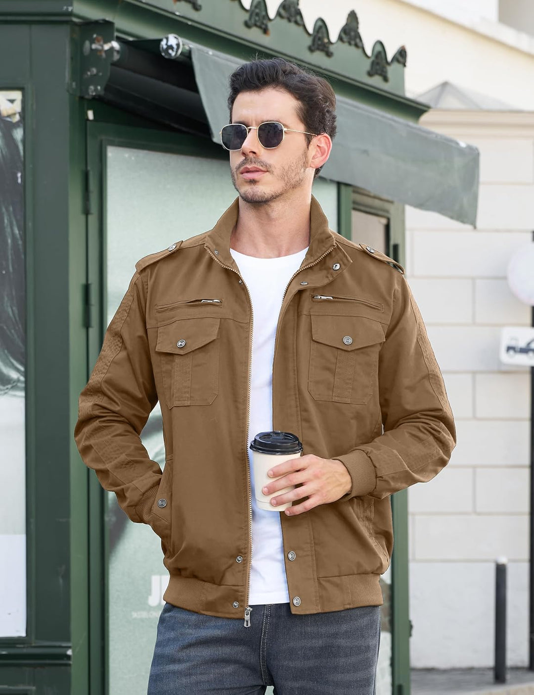EKLENTSON Herren Arbeitsjacke Workwear Übergangsjacke Cargo Jacke mit Vielen Taschen M Khaki #91, M