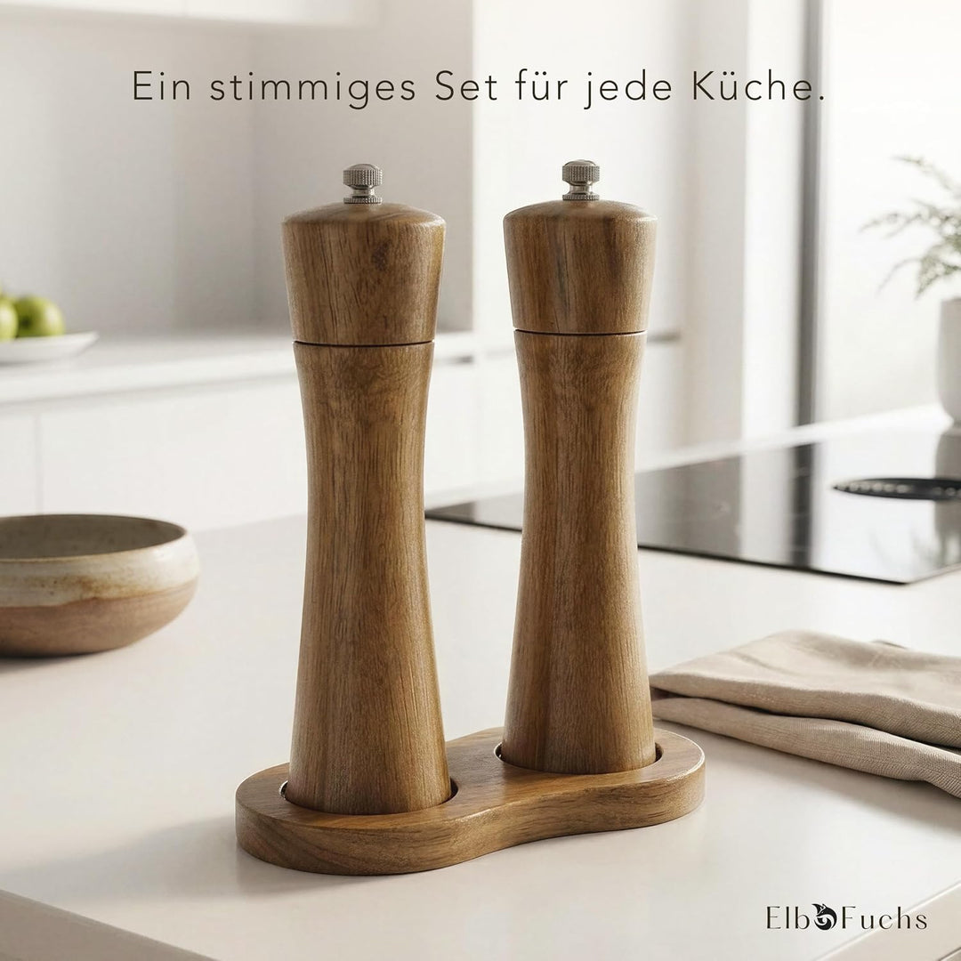 ElbFuchs Salz und Pfeffermühle Holz Set aus Akazienholz mit Untersetzer, 2 grosse Gewürzmühlen stufe