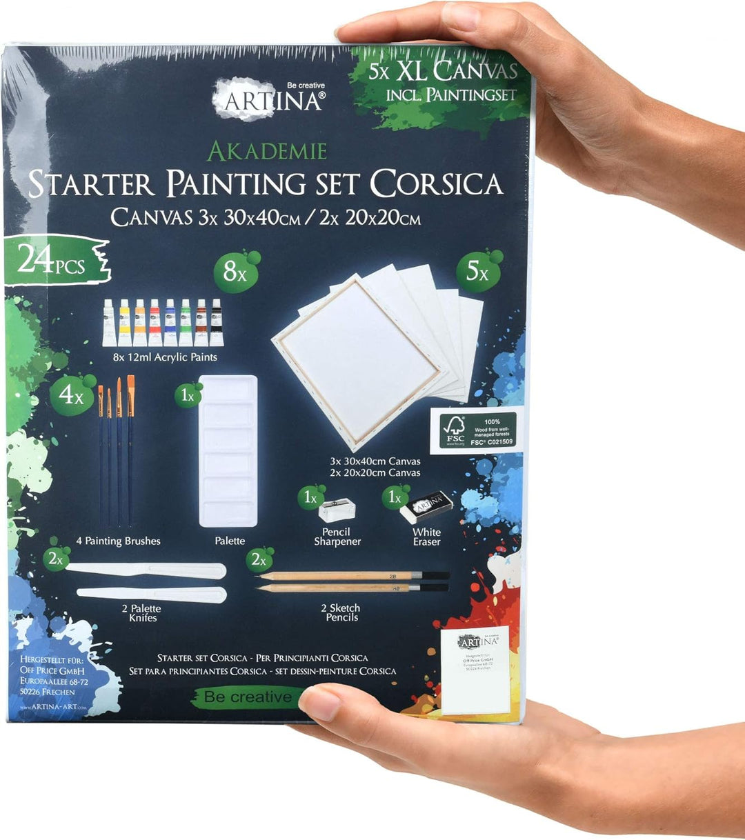 Artina 24tlg Acrylfarben Set Corsica – Malset Acryl mit Keilrahmen 30x40cm & 20x20cm, 8X 12ml Acrylf