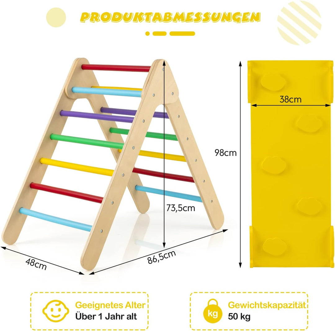 DREAMADE 3 in 1 Montessori Kletterdreieck mit 2-seitiger Rampe, Holzdreieck Sprossendreieck Kletters