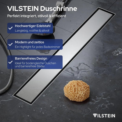 VILSTEIN Duschrinne 40cm, Edelstahl Bodenablauf Komplettset, extra flach, Siphon mit Geruchsstop, Ha