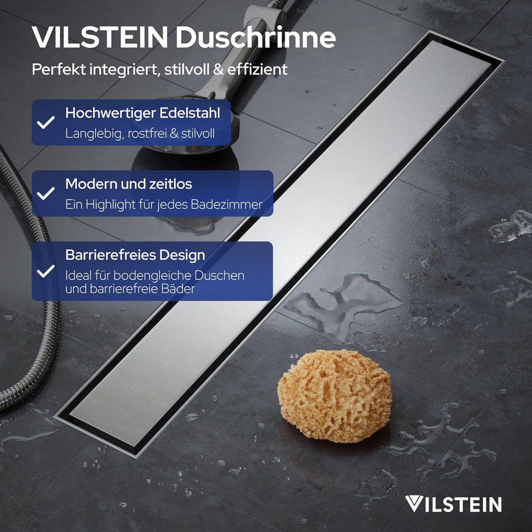 VILSTEIN Duschrinne 160cm, Edelstahl Bodenablauf Komplettset, extra flach, Siphon mit Geruchsstop, H