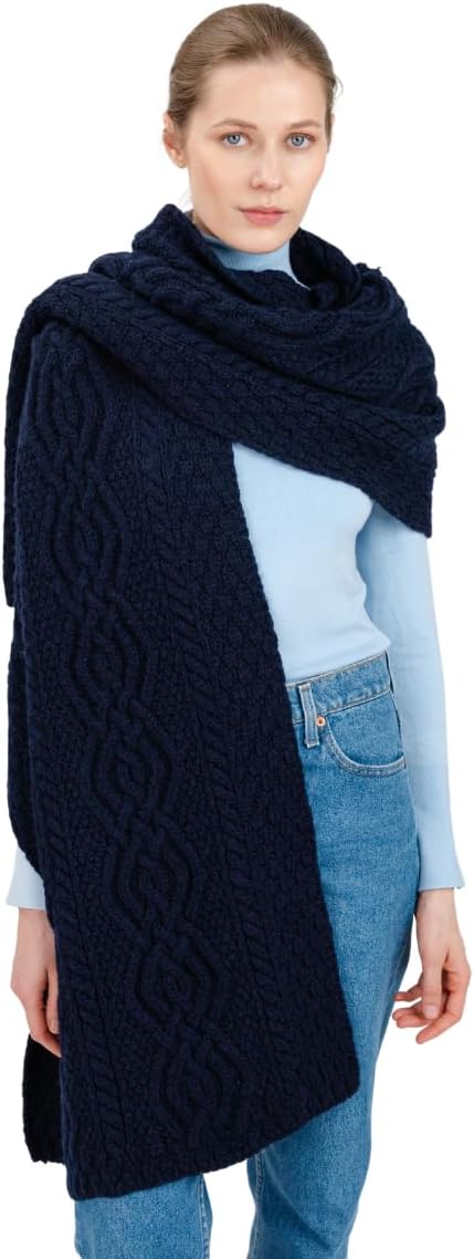 SAOL 100% Merinowolle Klassische Warme Irische Aran Cable Wickeln Schal für Damen Marine, Marine