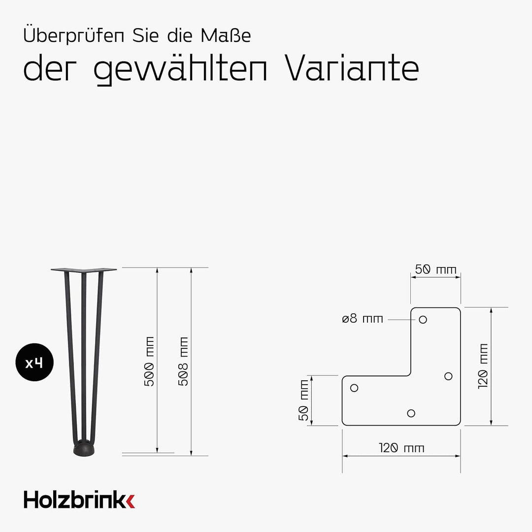 HOLZBRINK 4 x Hairpin Tischbeine Metall 3-Stangen, Hairpin Leg Möbelfuss, Schwarz, 50 cm, HLT-13A-50