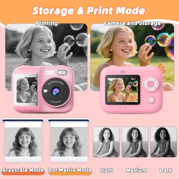 Kinder Sofortbildkamera, Digitalkamera mit Druck | 2,4 Zoll Display, 1080P HD Video, TF Karte &amp; 5 Ro