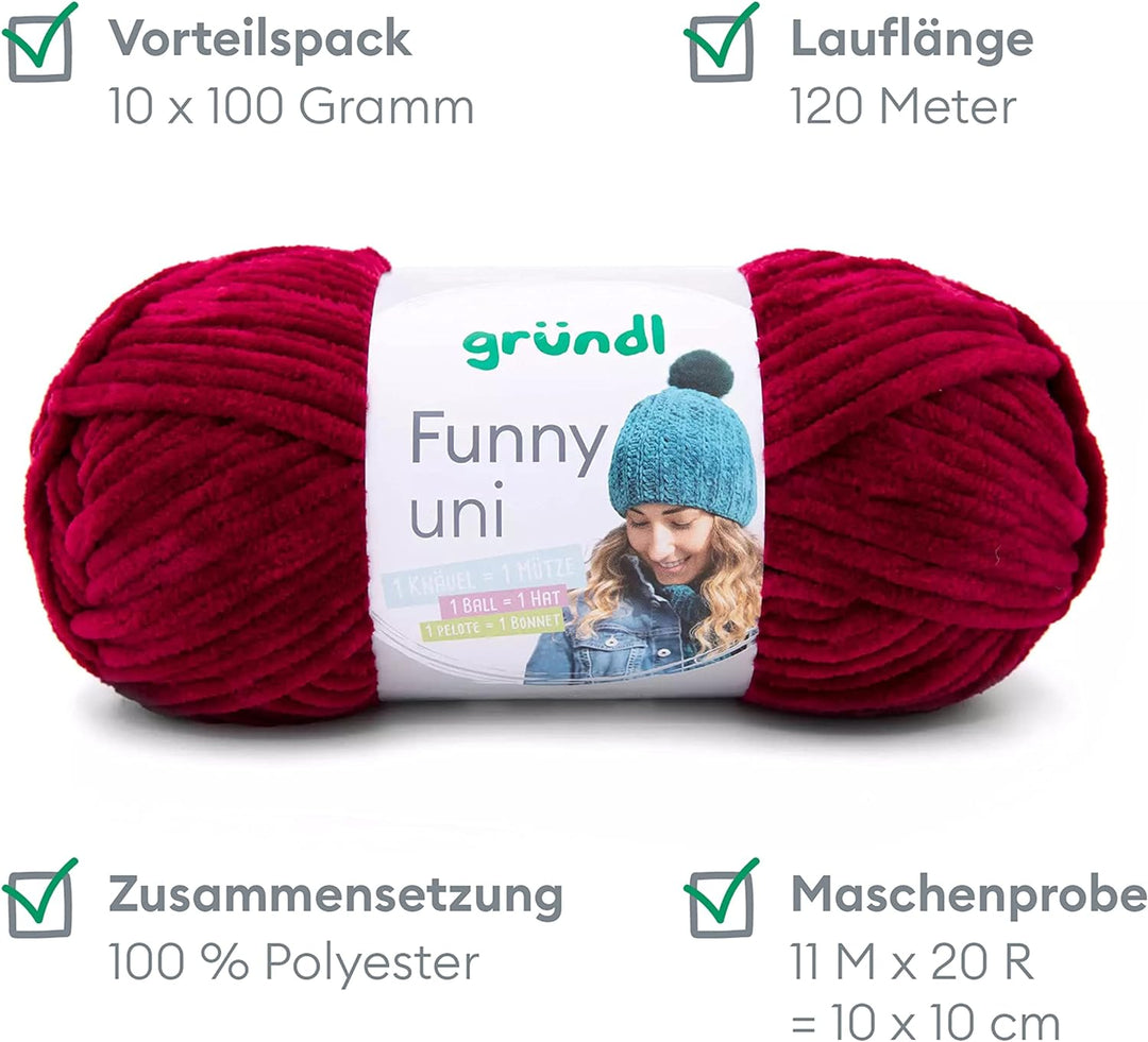 Gründl Funny uni Strick- & Häkelgarn (samtartiges Chenille-Garn aus 100% Polyester, 10 x 100 g / 120