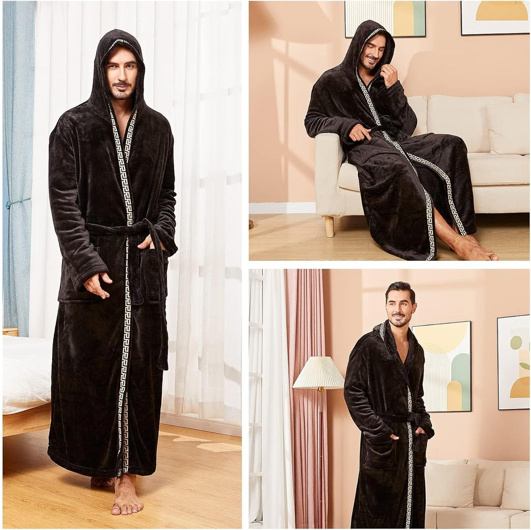 FashGudim Herren Kapuzenplüschbademantel in voller Länge. Flauschiger Bademantel für grosse und kräf