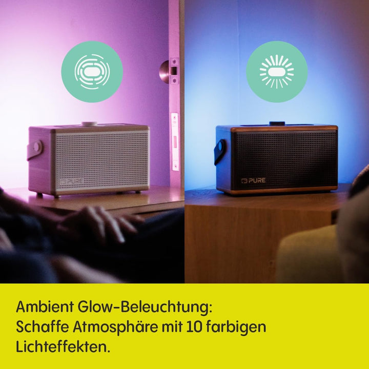 Pure Classic Aura Bluetooth-Lautsprecher 40 Watt, 30h Akku, Licht, USB-C, AUX, IPX2, 2-Wege-Stereo,