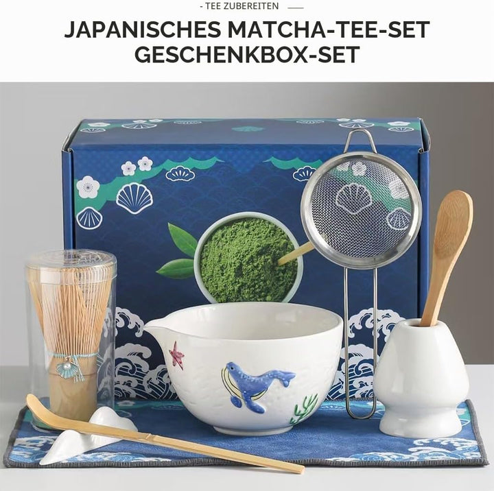 Japanisches Matcha-Tee-Set, 7-teilig, Keramik-Matchaschale mit Wal-Motiv, Bambus-Besen, Whisk-Halter