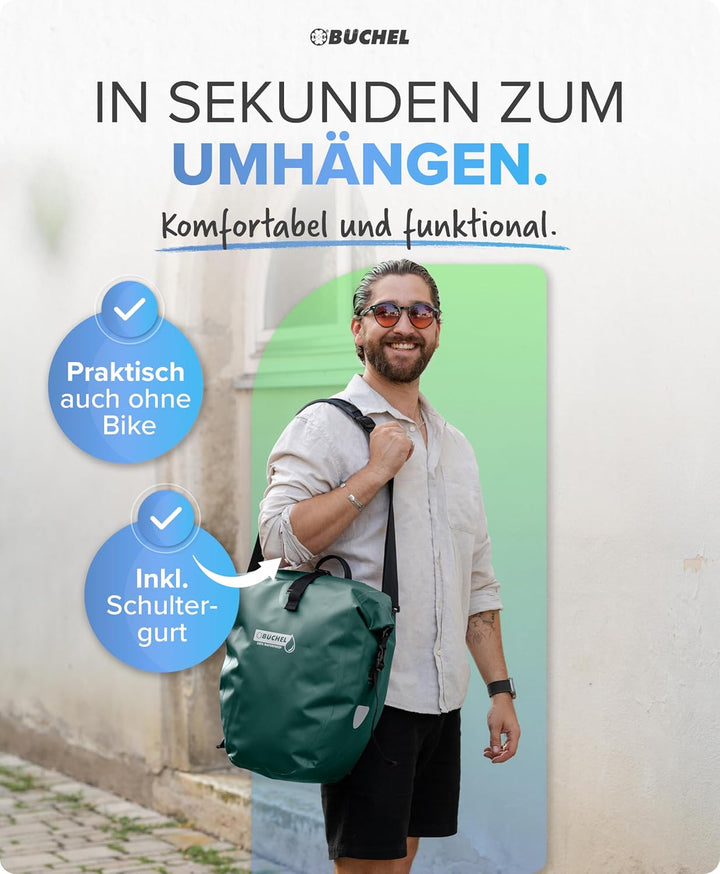 Büchel Fahrradtasche für Gepäckträger I 25.4 L - 100% Wasserdicht I mit Tragegriff und Schultergurt