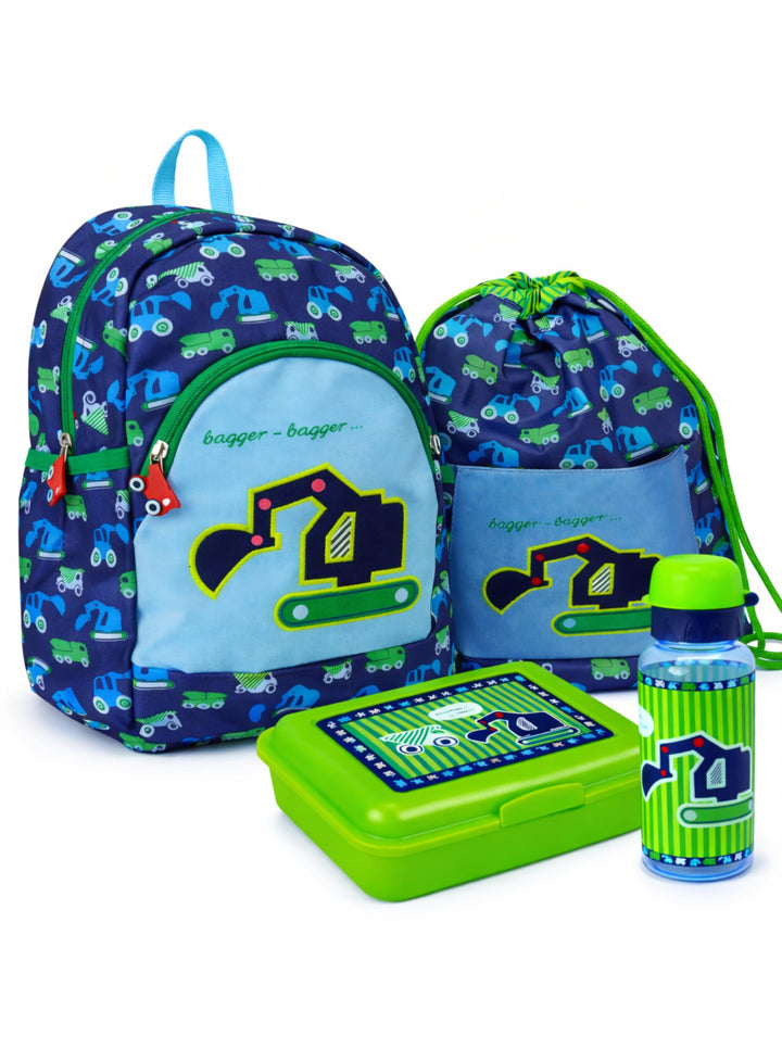 Spiegelburg Kindergarten Rucksack Set 4tlg. mit Turnbeutel, Brotdose und Trinkflasche Bagger Grün Bl