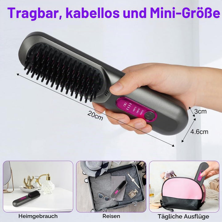 LOPHE Mini Haarglätterbürste, Glättbürste Kabellos, Hair Straightener Comb mit LCD-Bildschirm 3-Stuf