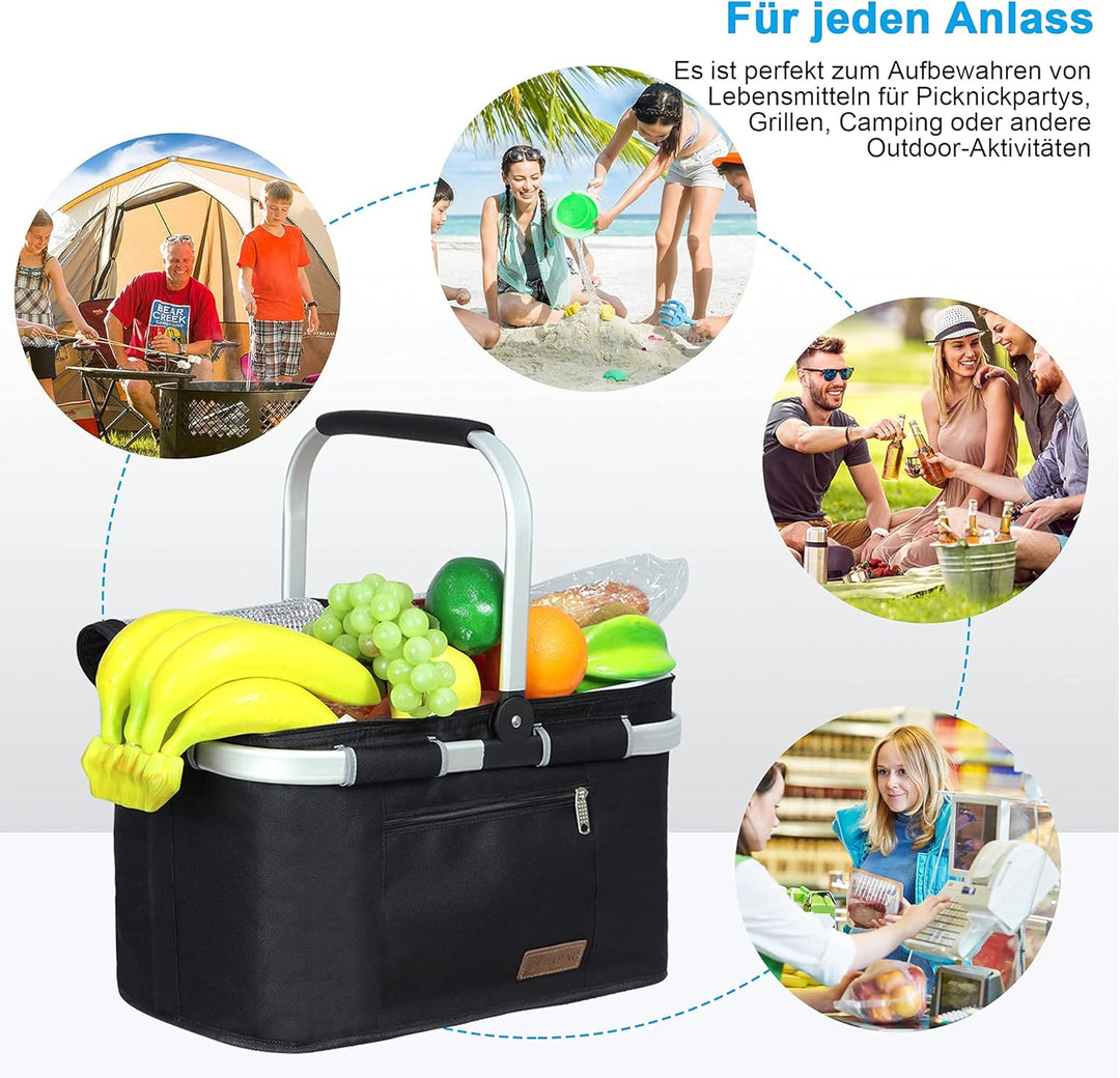 ABIUBIU 34L Kühltasche Einkaufskorb Picknickkorb Grosse isolierte Kühlkorb Lunchtasche Thermo Tasche