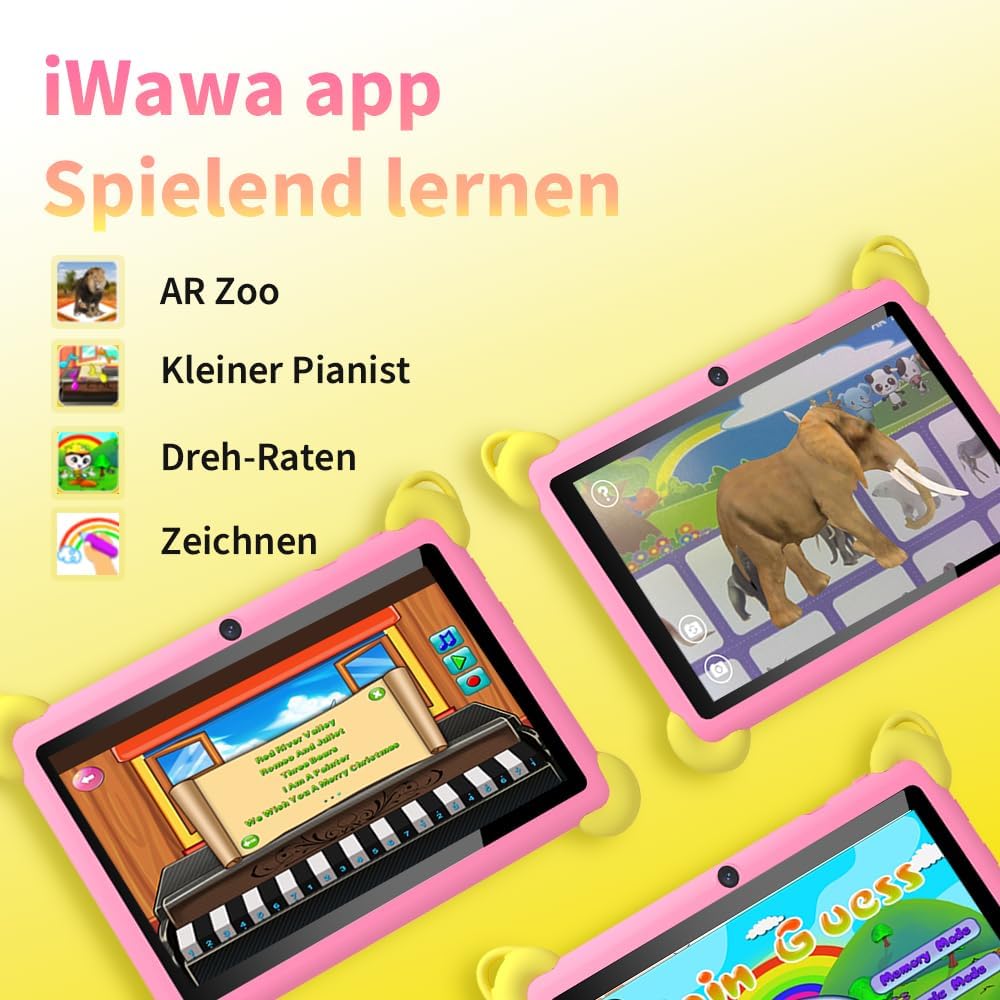 Veidoo 7-Zoll Android Kinder-Tablet, 2+32 GB, Dual-Kameras, stossfeste Hülle, integriertes Hasen-Stä