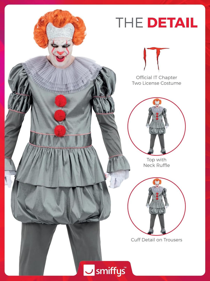 Smiffys IT Chapter Two Pennywise Kostüm für Erwachsene, Oberteil mit Nackenrüschen und Hose, grau, o