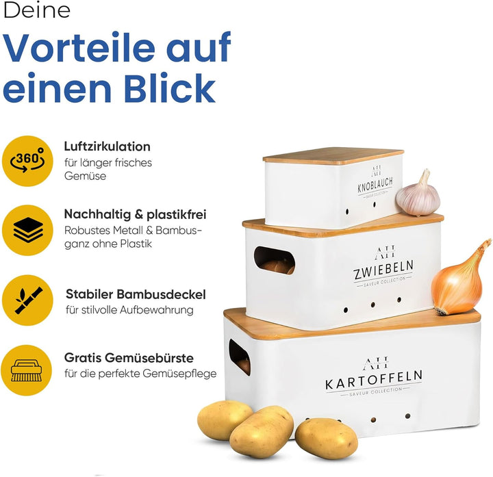 AH® Kartoffel Aufbewahrungsbox inkl. Gemüsebürste [4er Set]- zwiebeltopf, kartoffelbox - Geeignet fü