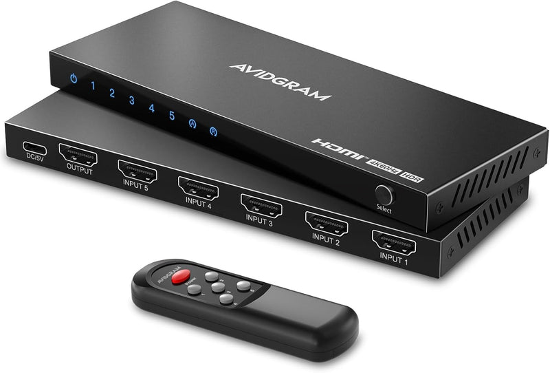 HDMI Switch 4K 60Hz, AVIDGRAM HDMI 2.0 Umschalter 5 in 1 Out, 5 Port HDMI Selector Box with IR Remot